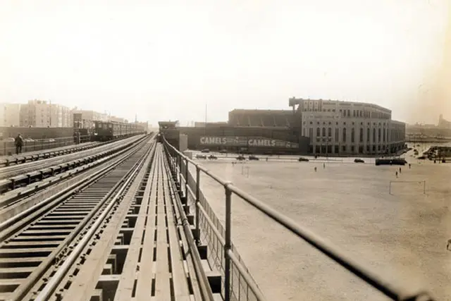 Photograph from a train pulling up to Yankee Stadium in 1923 from NYC Transit